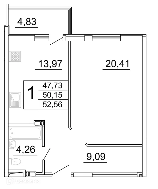 Планировка 1-комнатной квартиры 52.33 м² в ЖК "Дом у Космопорта-2", г. Самара — фото 1