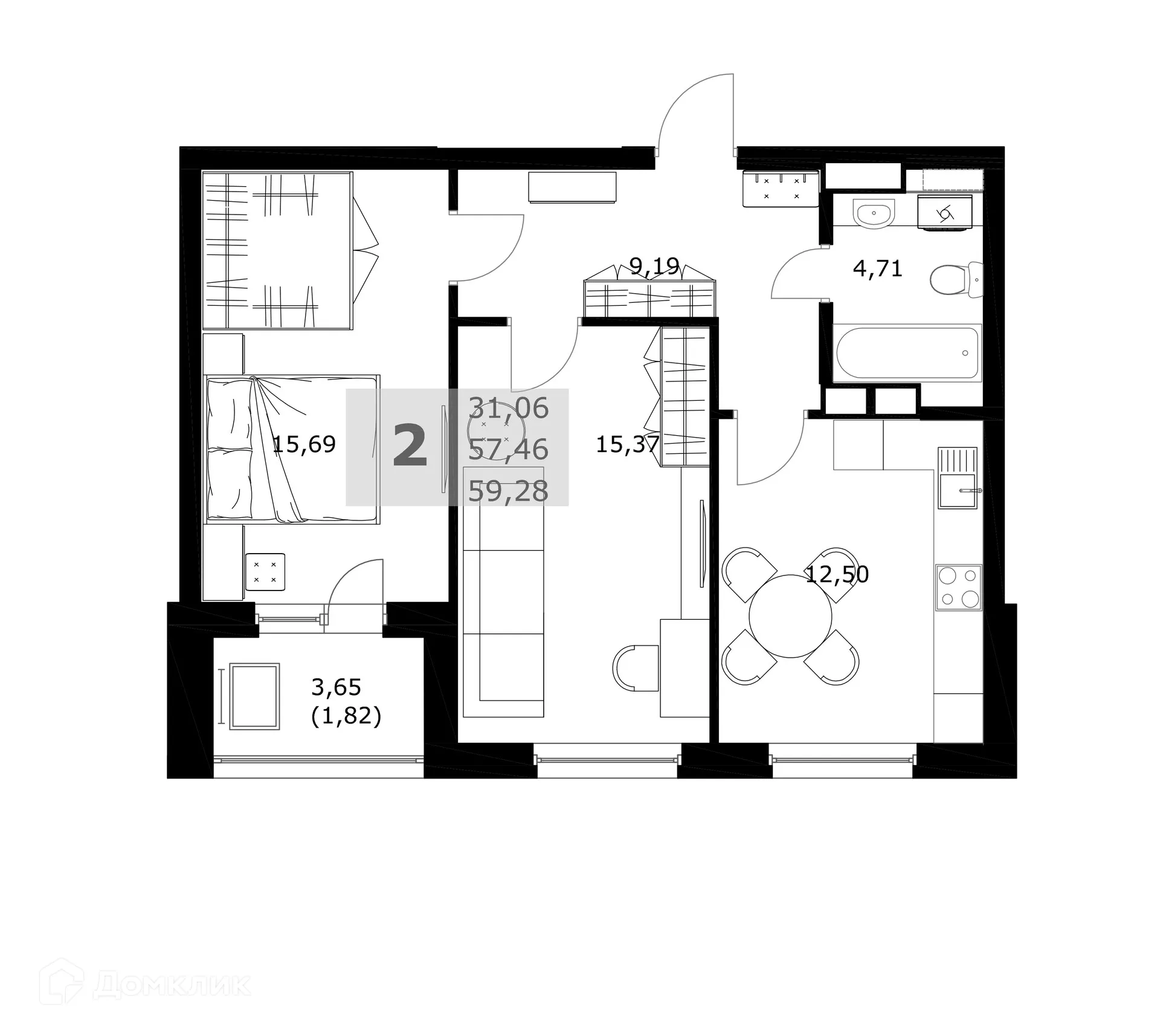 Планировка 2-комнатной квартиры 59.28 м² в ЖК Комфорт, г. Самара — фото 2