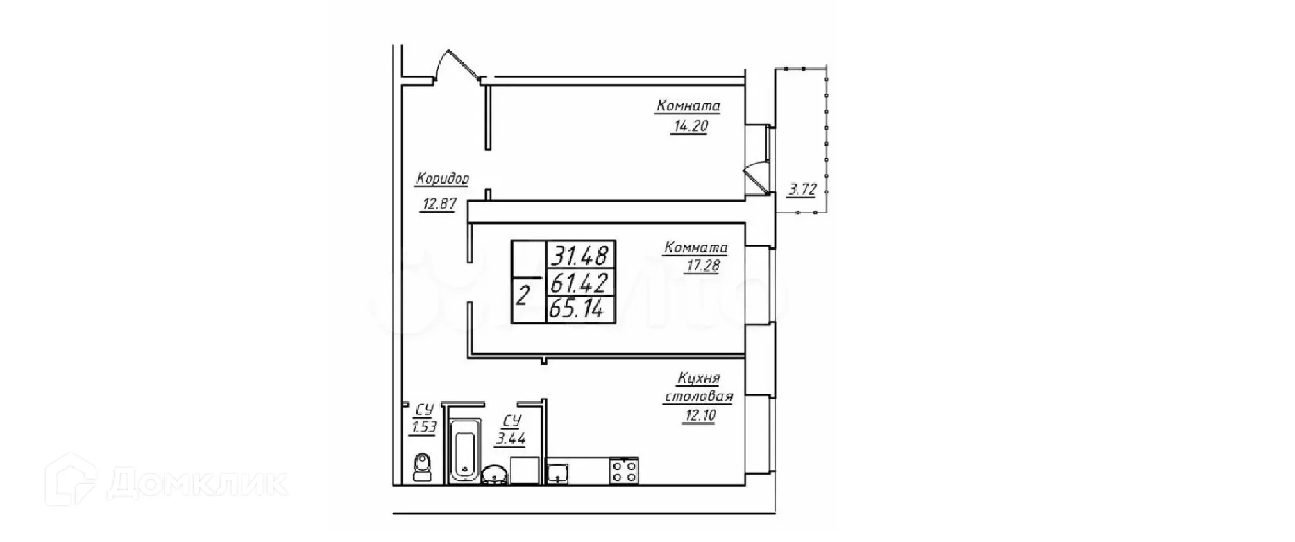 Планировка 2-комнатной квартиры 65.14 м² в ЖК Дом у озера, г. Самара — фото 1