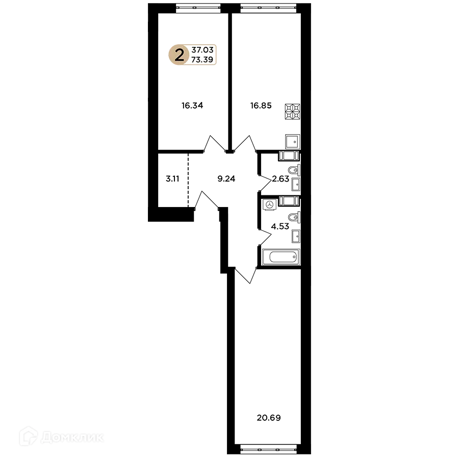 Планировка 2-комнатной квартиры 73.39 м² в ЖК Легенда, г. Самара — фото 3
