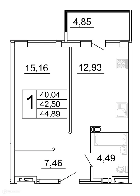 Планировка 1-комнатной квартиры 45.24 м² в ЖК "Дом у Космопорта-2", г. Самара — фото 1