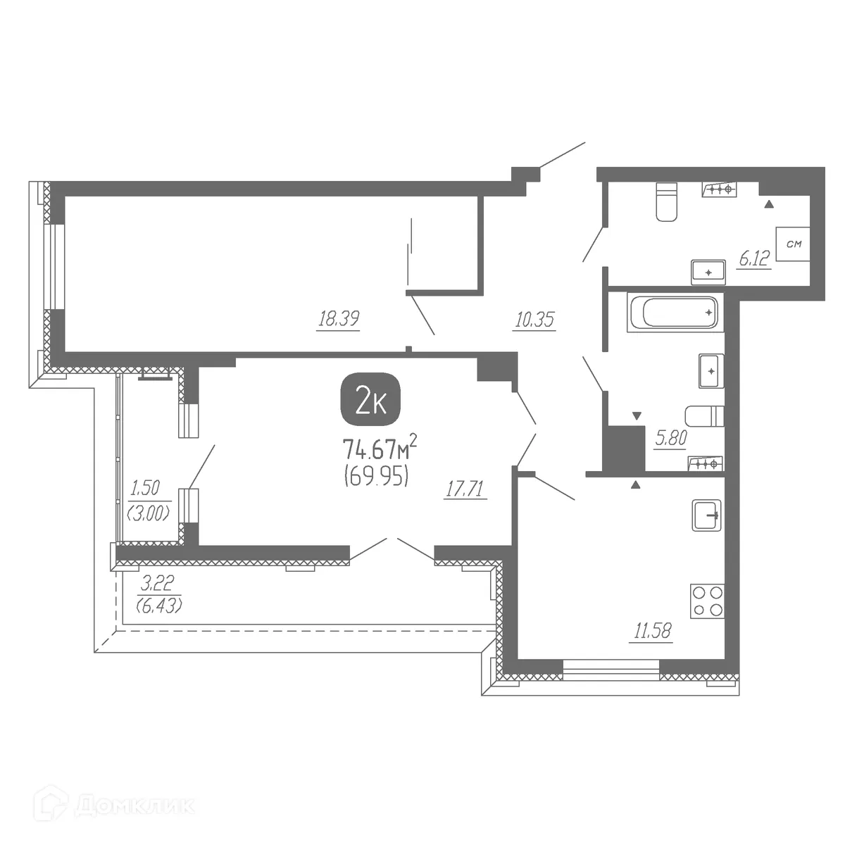 Планировка 2-комнатной квартиры 74.68 м² в ЖК СОВА, г. Самара — фото 1