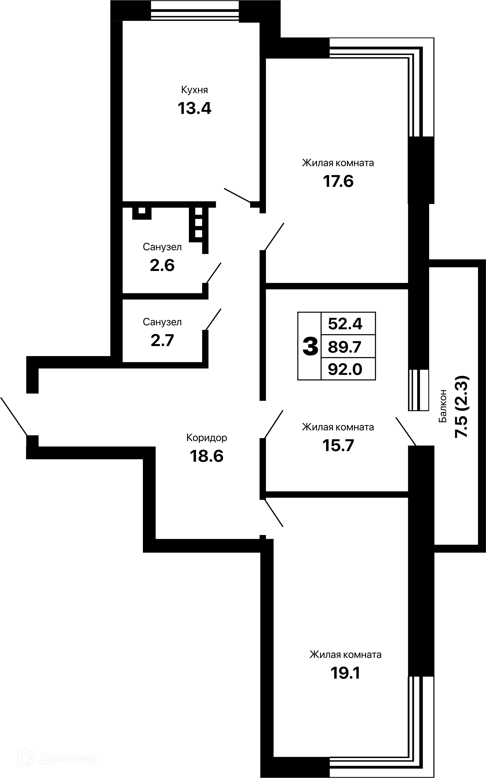 Планировка 3-комнатной квартиры 92 м² в ЖК Горизонт-2, г. Самара — фото 2