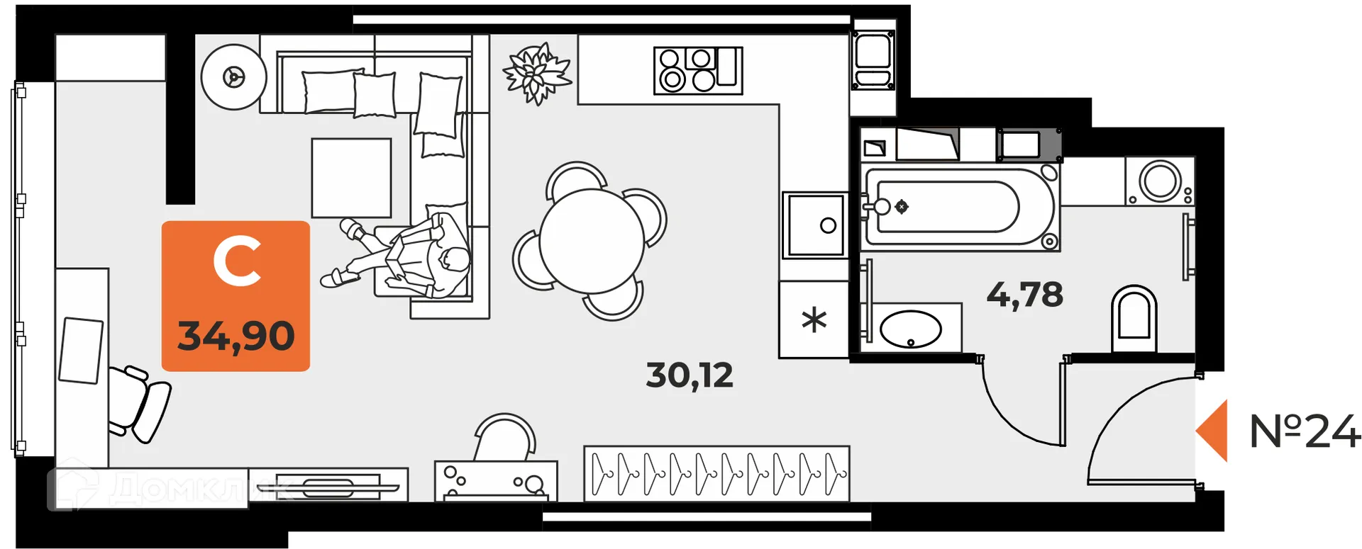 Планировка студии квартиры 35.3 м² в ЖК "Капитал", г. Самара — фото 1