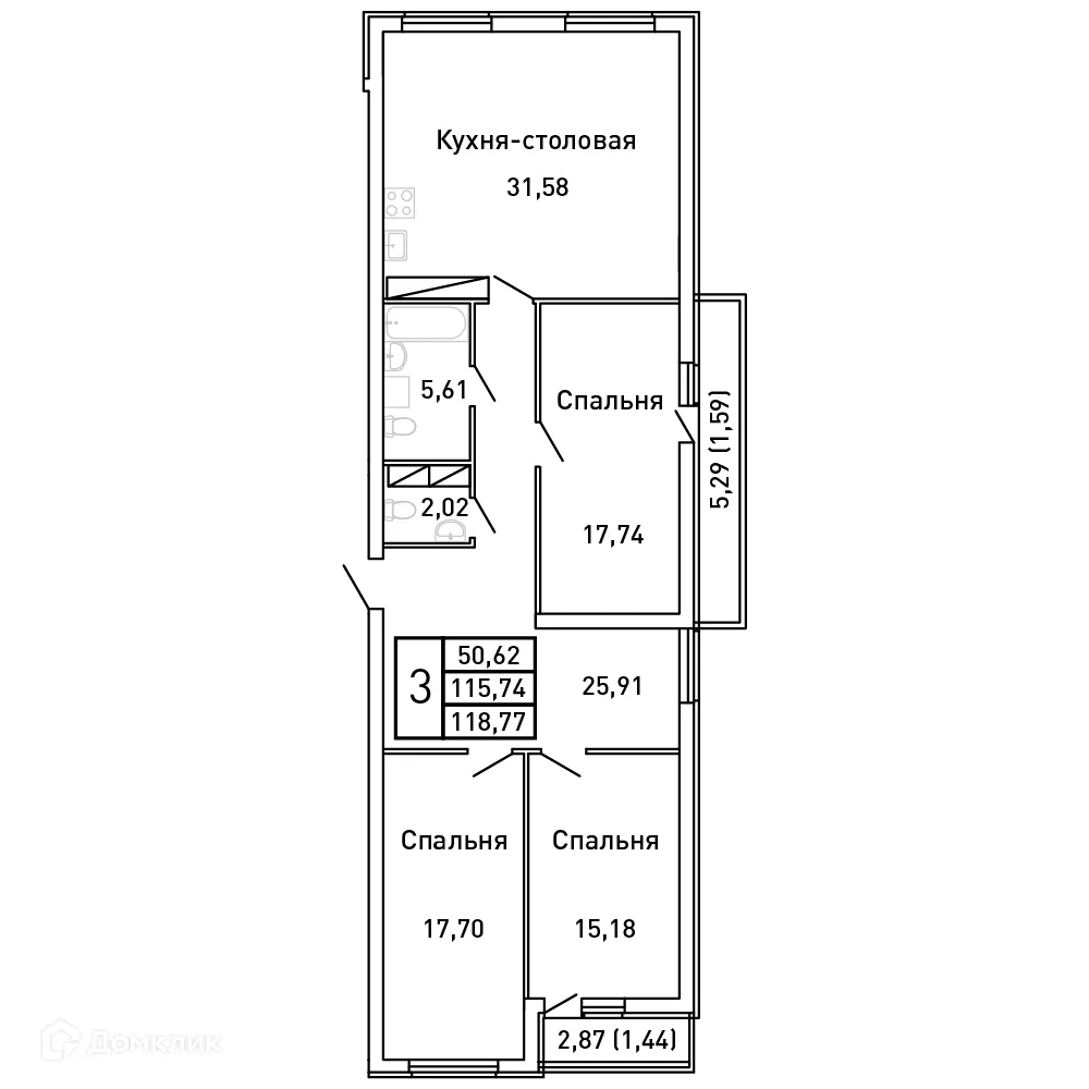 Планировка 3-комнатной квартиры 118.9 м² в ЖК КОРОЛЬ-ЛЕВ, г. Самара — фото 1