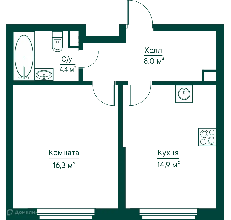 Планировка 1-комнатной квартиры 43.65 м² в ЖК Green River (ГРИН РИВЕР), г. Самара — фото 1