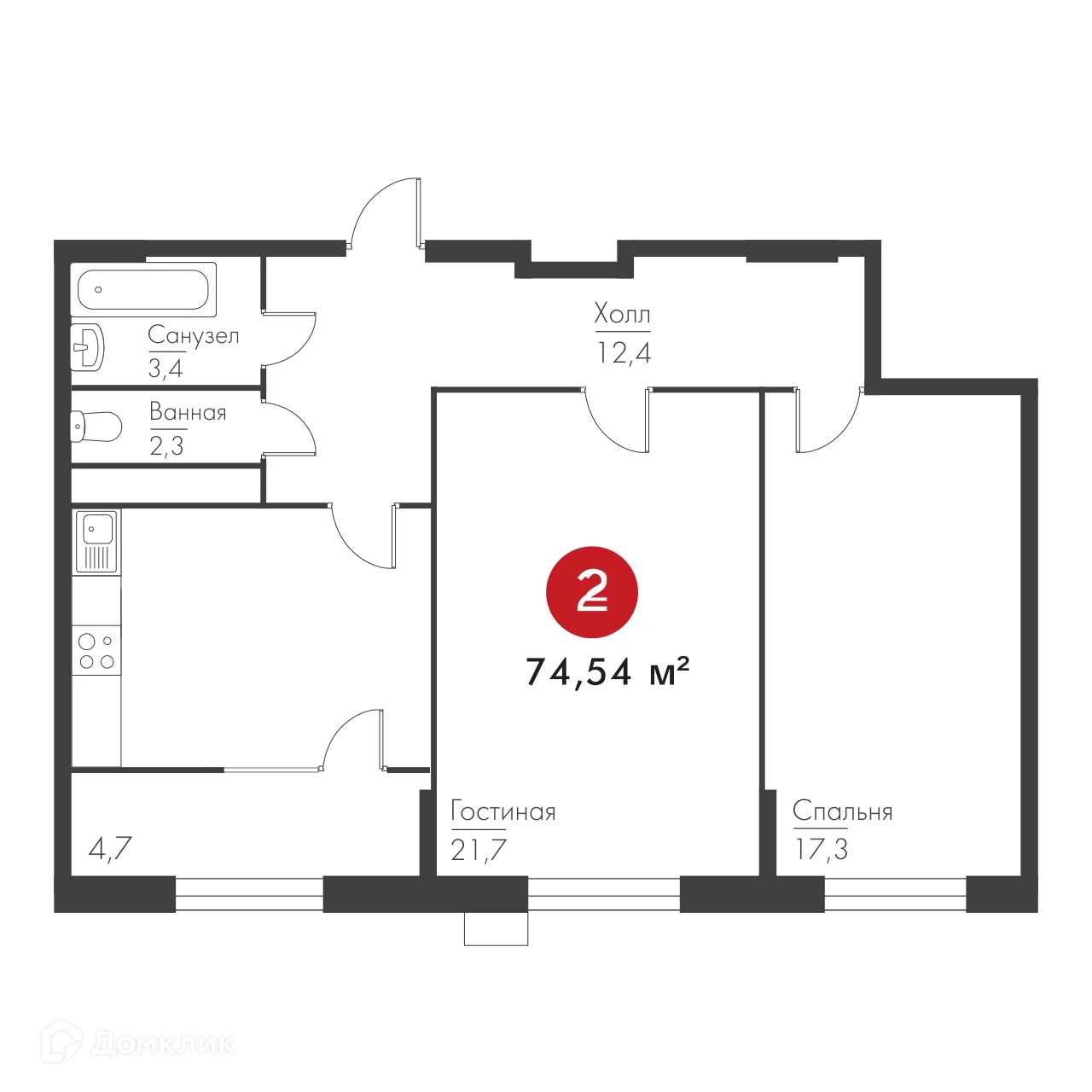 Планировка 2-комнатной квартиры 74.54 м² в ЖК Панова Парк, г. Самара — фото 2