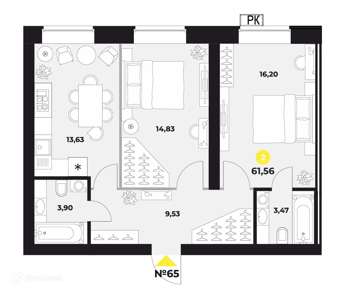Планировка 2-комнатной квартиры 62.9 м² в ЖК Атмосфера, г. Самара — фото 1