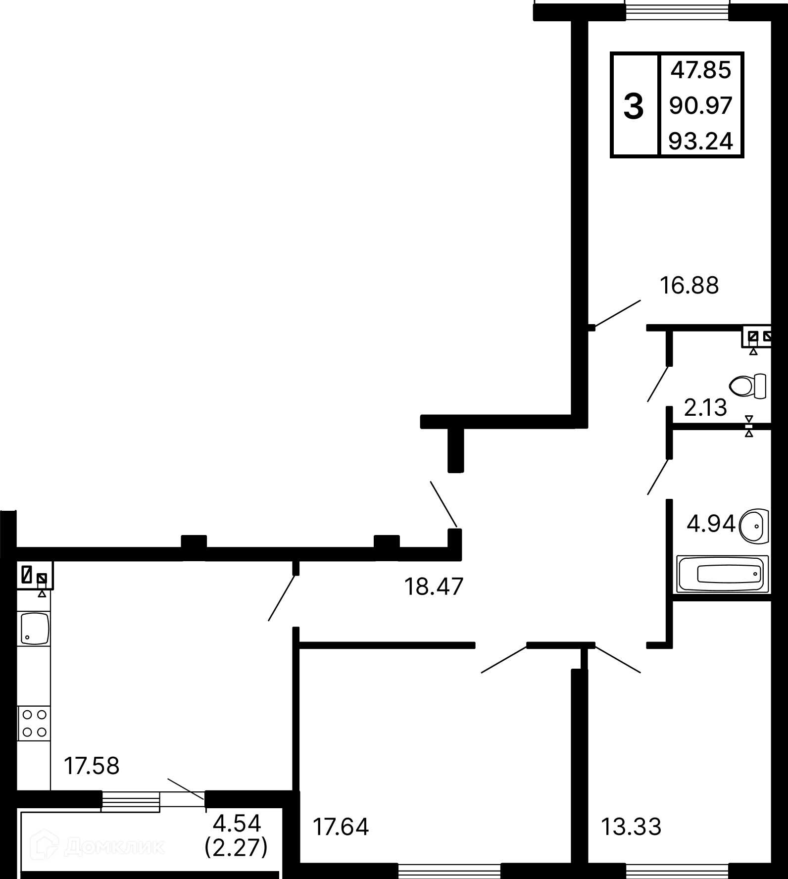 Планировка 3-комнатной квартиры 93.24 м² в ЖК Развитие, г. Самара — фото 1