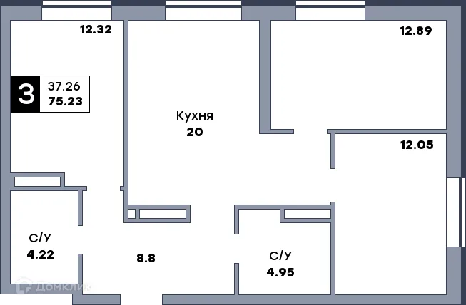 Планировка 3-комнатной квартиры 75.2 м² в ЖК СПУТНИК, г. Самара — фото 7