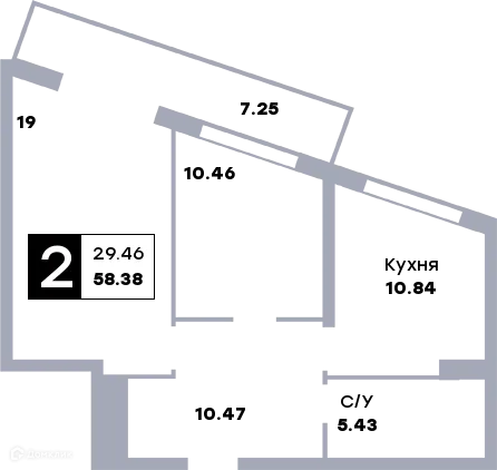 Планировка 2-комнатной квартиры 57.6 м² в ЖК Зодиак, г. Самара — фото 1
