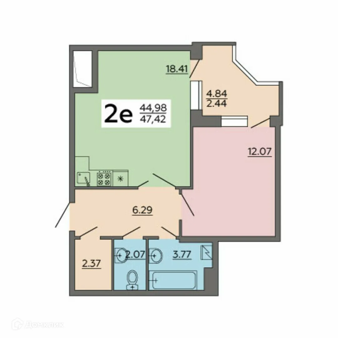 Планировка 2-комнатной квартиры 47.42 м² в ЖК Авиапарк, г. Воронеж — фото 1
