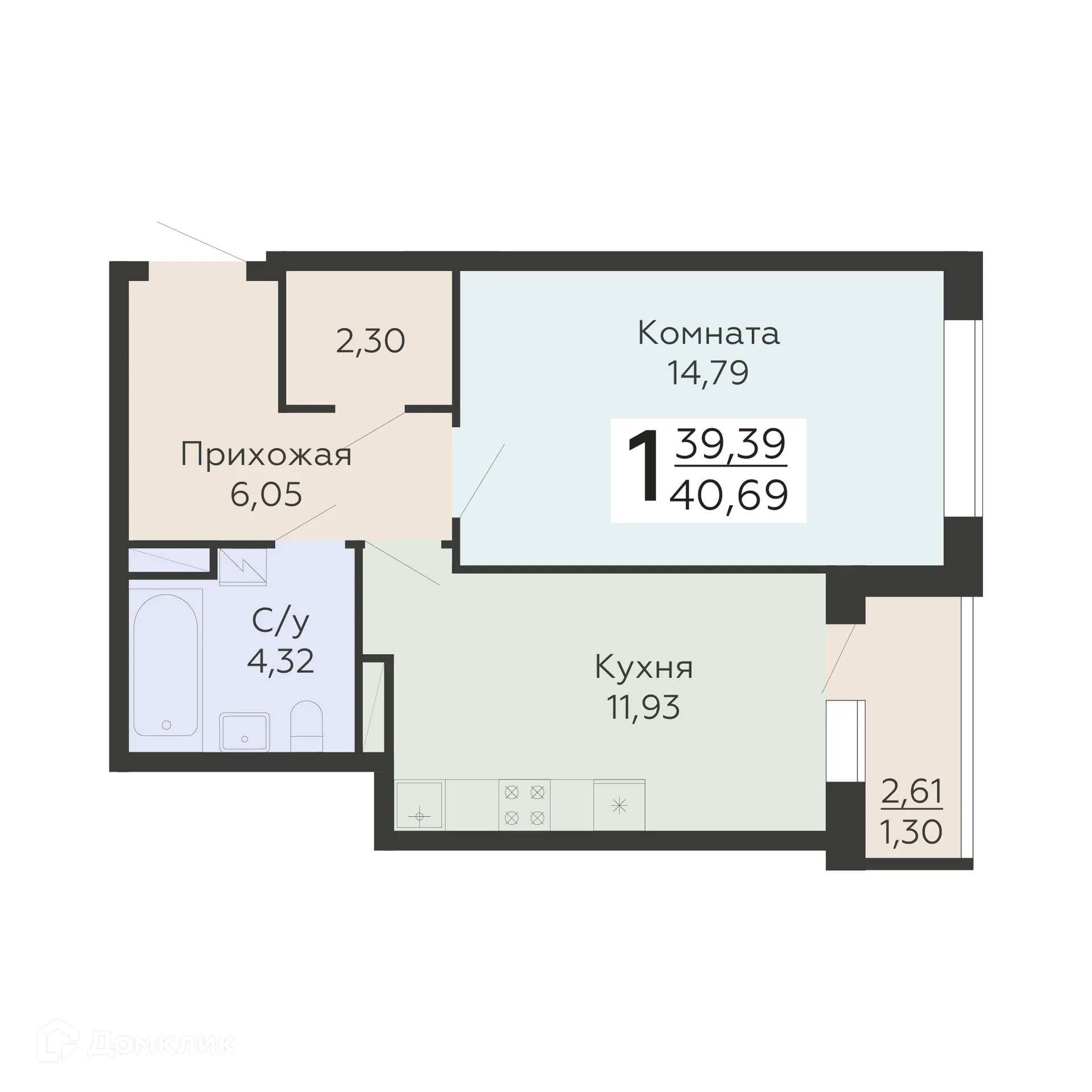 Планировка 1-комнатной квартиры 40.69 м² в ЖК "Никитинские сады", г. Воронеж — фото 1