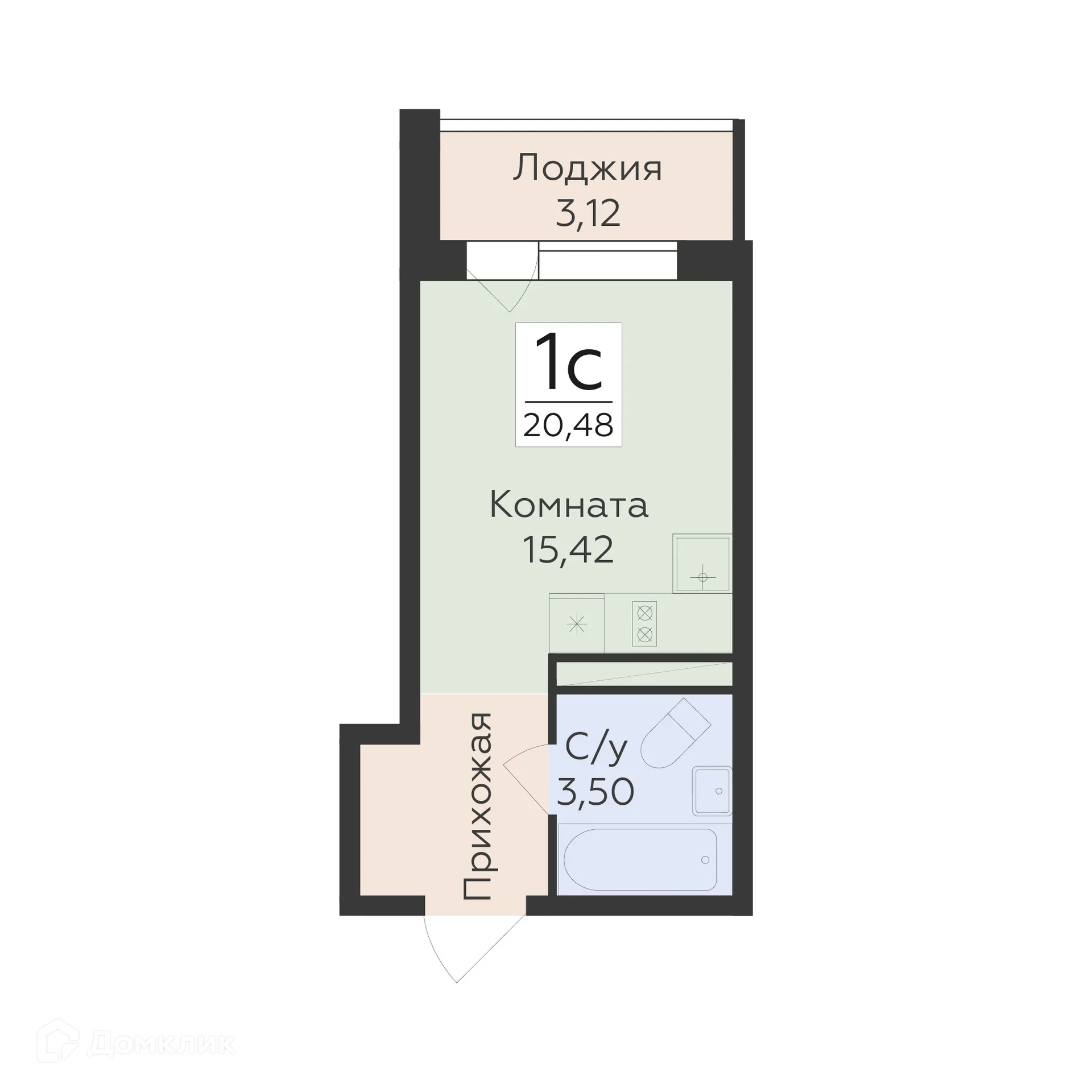 Планировка 1-комнатной квартиры 20.48 м² в ЖК "Квартал-45", г. Воронеж — фото 1