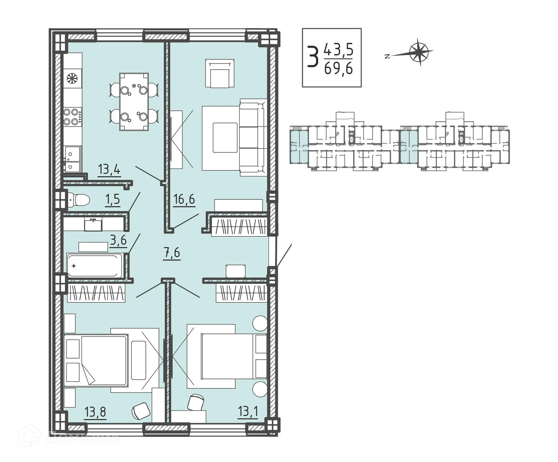 Планировка 3-комнатной квартиры 69.6 м² в ЖК "Ю", г. Воронеж — фото 6