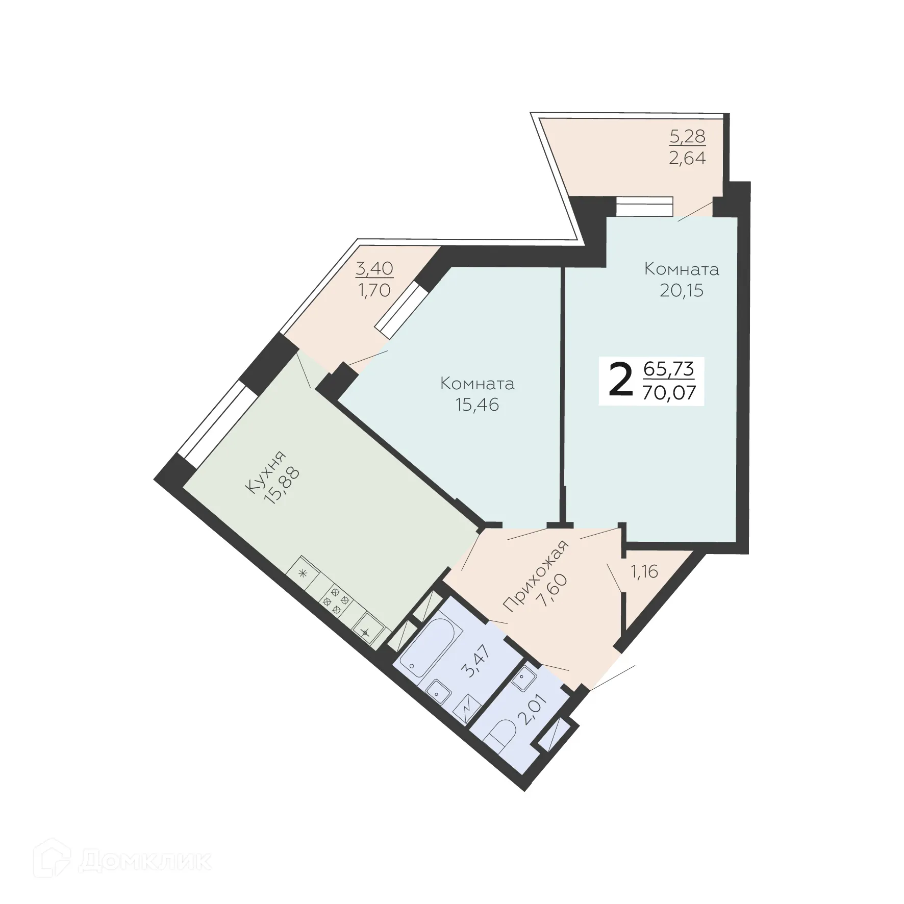 Планировка 2-комнатной квартиры 70.07 м² в ЖК Зарядье, г. Воронеж — фото 1