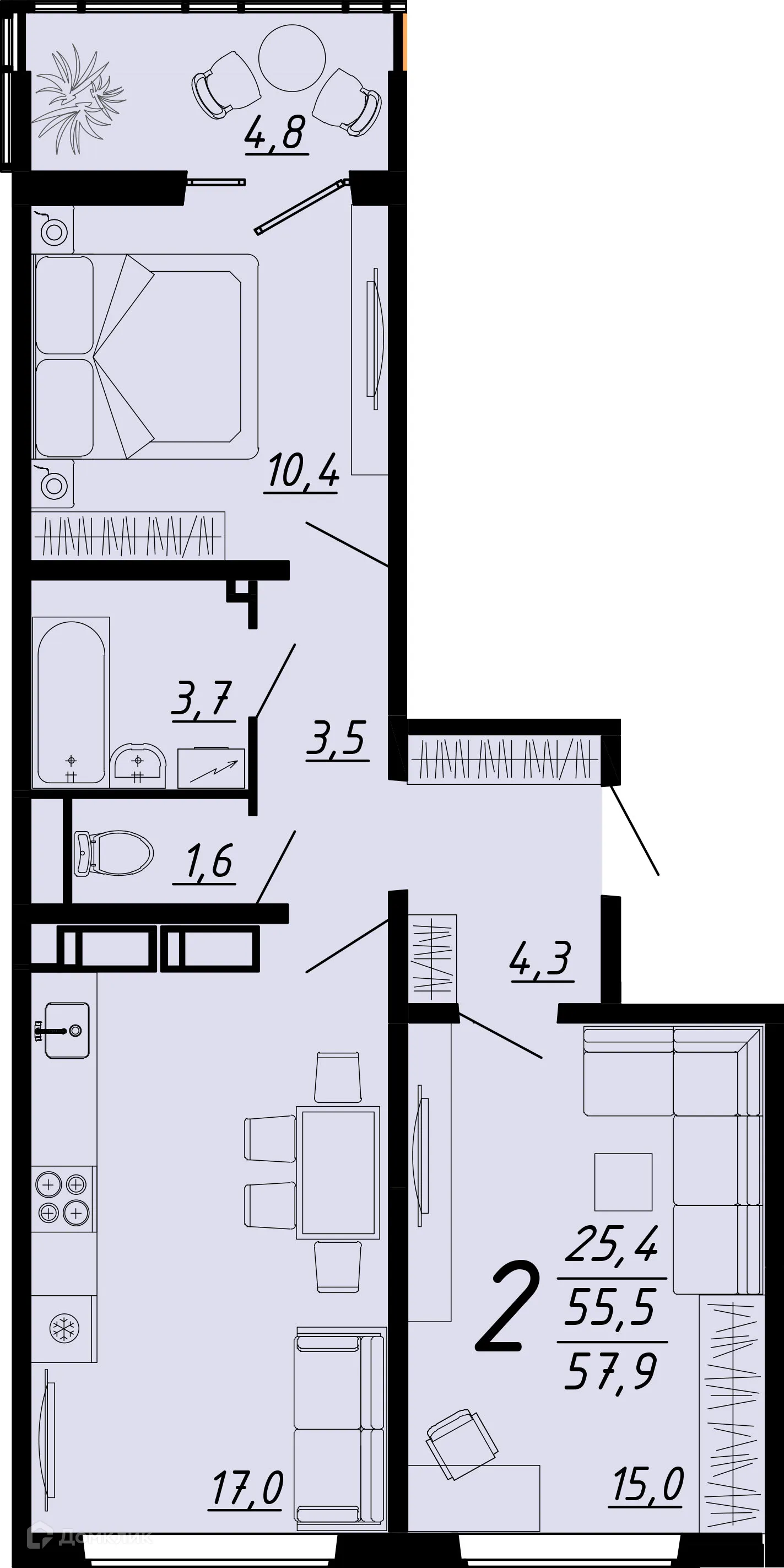 Планировка 2-комнатной квартиры 57.9 м² в ЖК Городские истории, г. Воронеж — фото 1