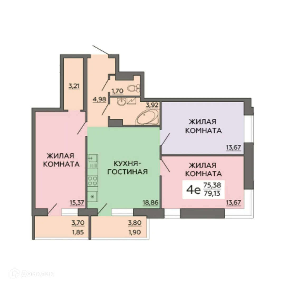 Планировка 4-комнатной квартиры 79.13 м² в ЖК Октябрьский, г. Воронеж — фото 1