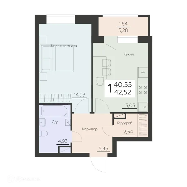 Планировка 1 комн. в ЖК Заря