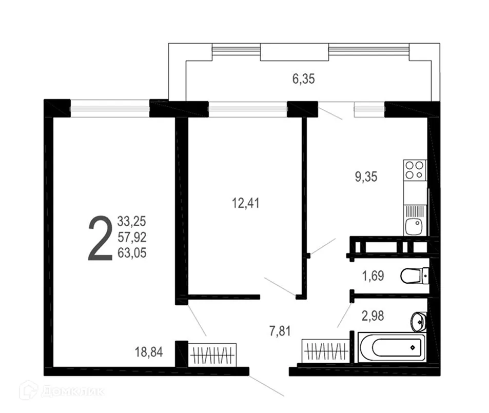 Планировка 2-комнатной квартиры 56.26 м² в ЖК Никитин, г. Воронеж — фото 1