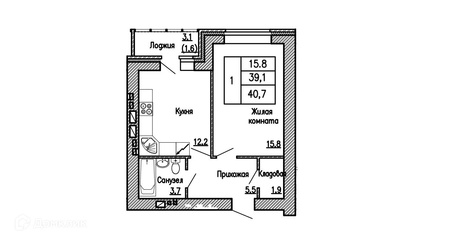 Планировка 1-комнатной квартиры 40.7 м² в ЖК Композитор, г. Воронеж — фото 1