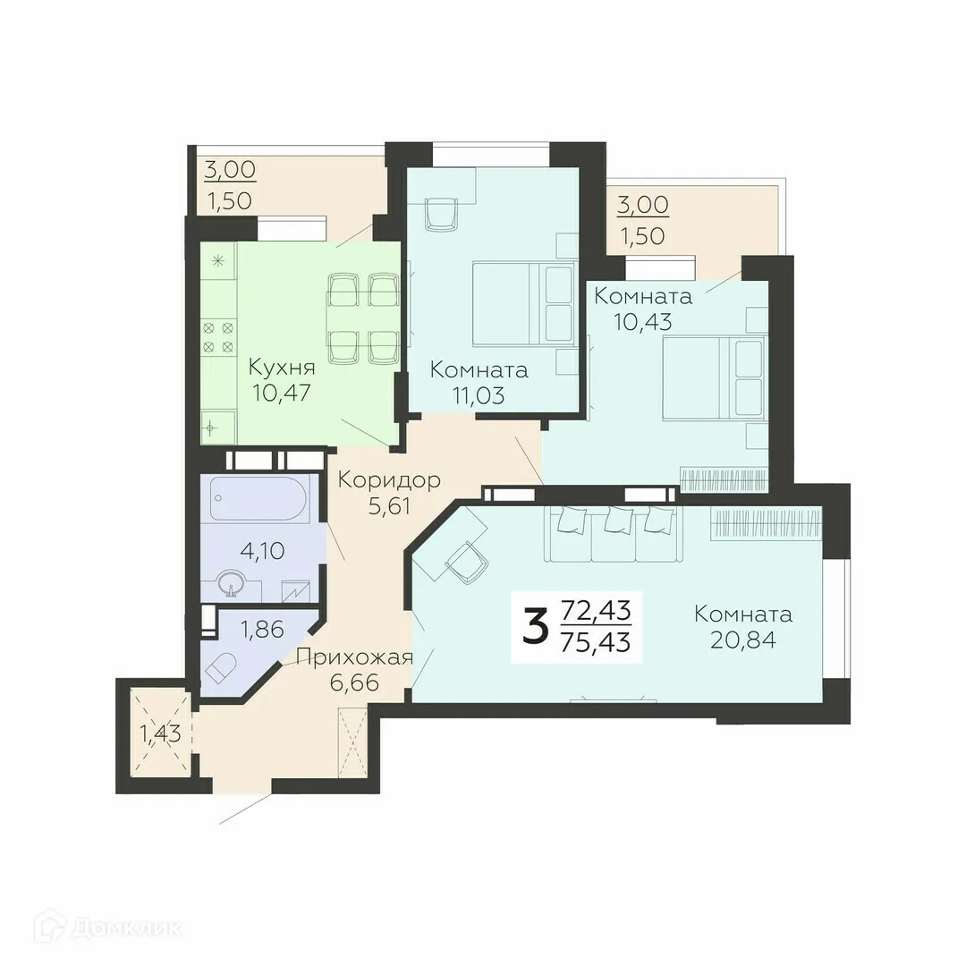 Планировка 3-комнатной квартиры 75.43 м² в ЖК "Молодежный", г. Воронеж — фото 1