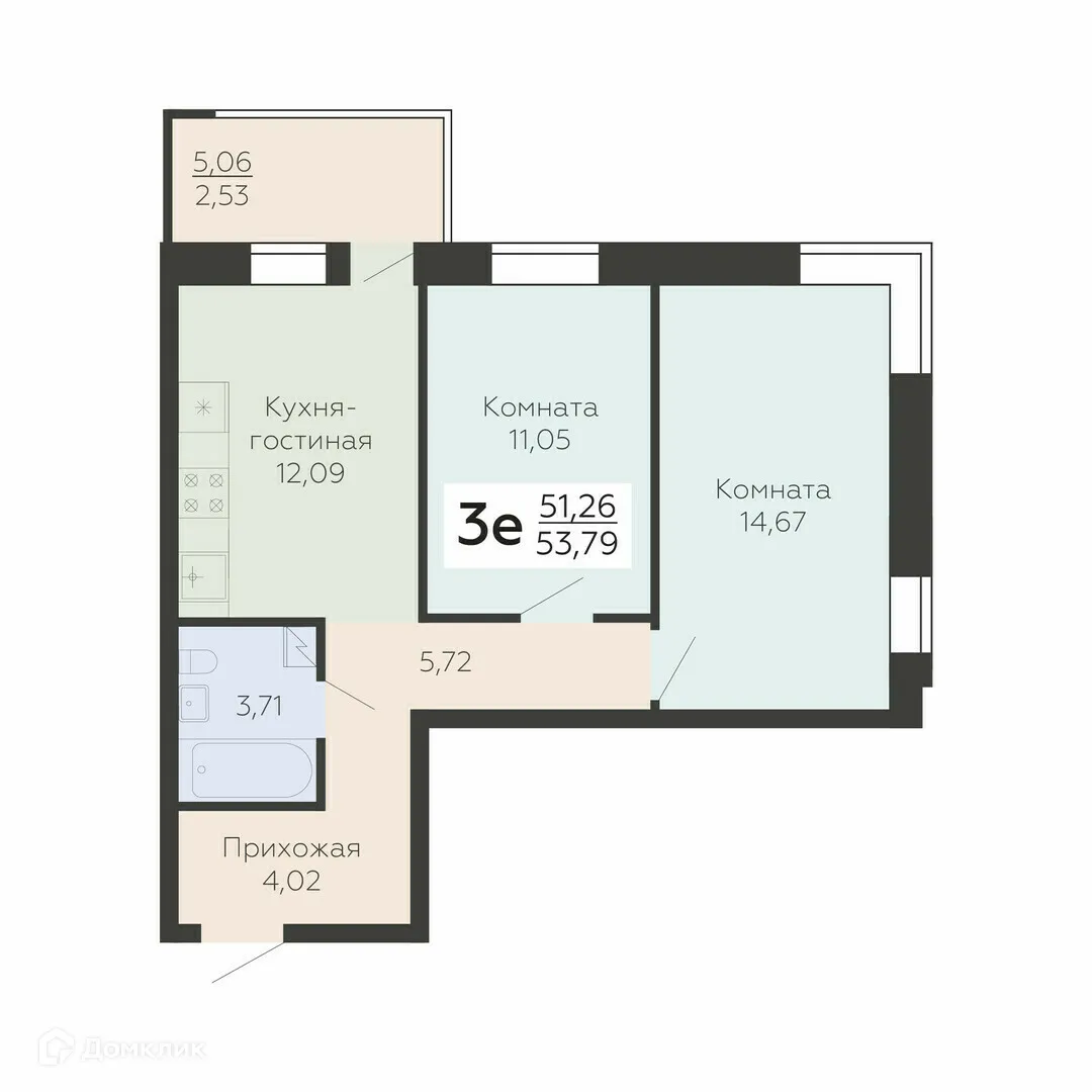 Планировка 3-комнатной квартиры 53.79 м² в ЖК Абрикосовый, г. Воронеж — фото 1