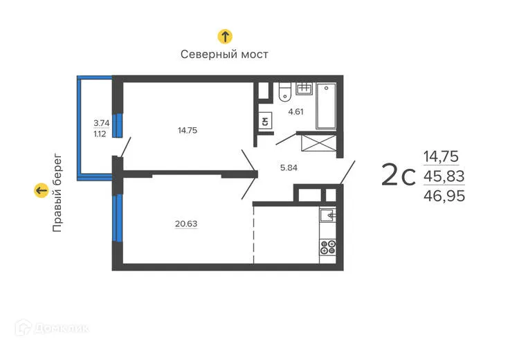 Планировка 2-комнатной квартиры 46.95 м² в ЖК "Дом на набережной", г. Воронеж — фото 2