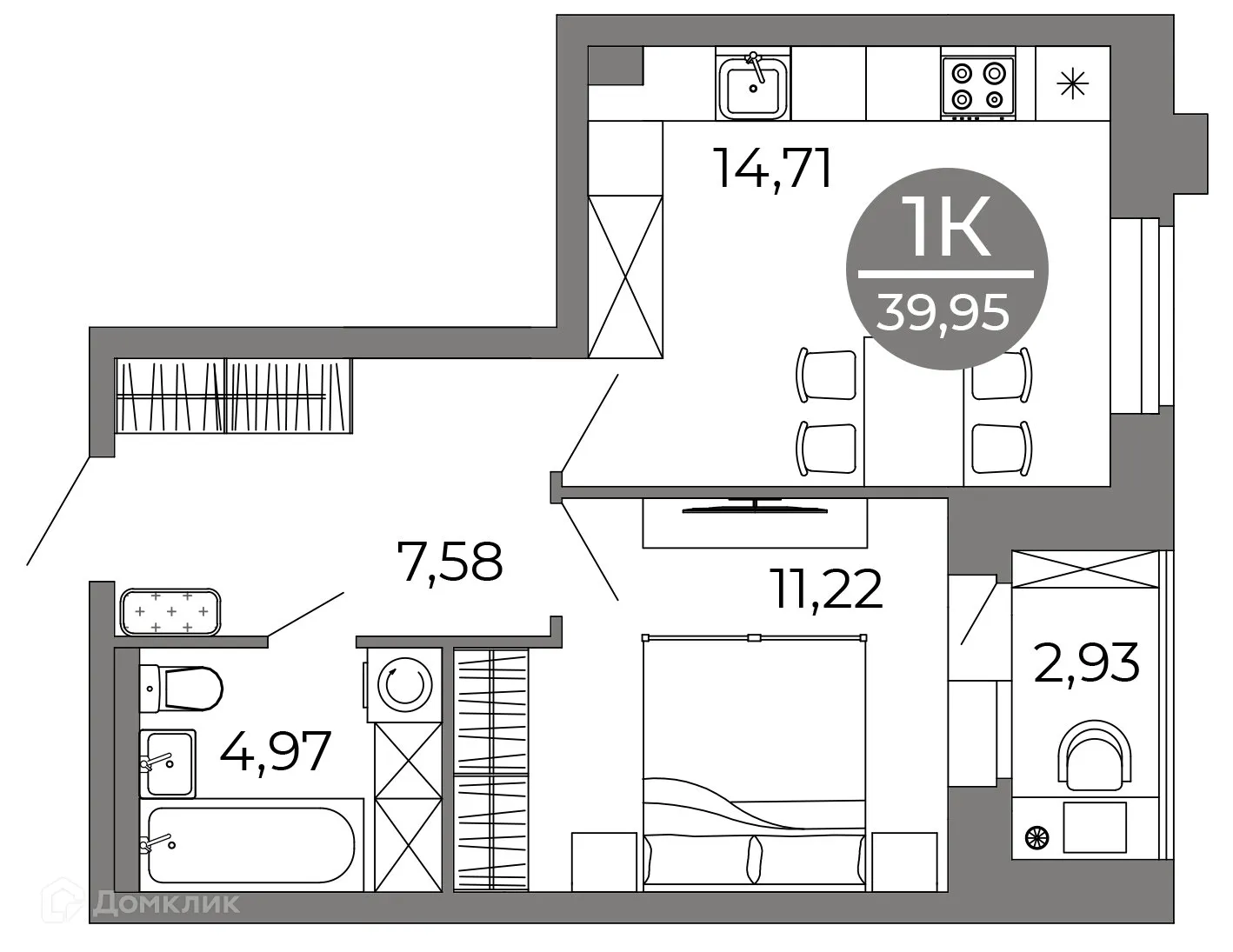 Планировка 1-комнатной квартиры 39.95 м² в ЖК Галилей, г. Воронеж — фото 4