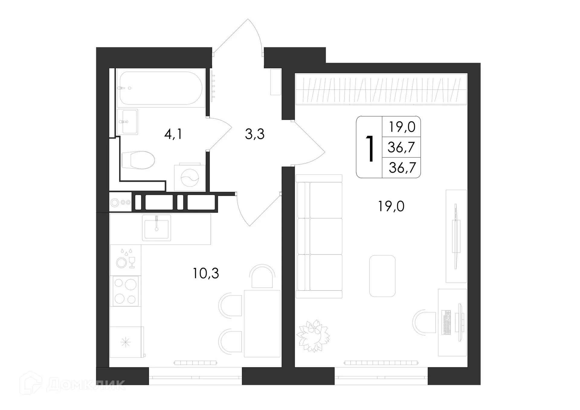 Планировка 1-комнатной квартиры 36.7 м² в ЖК Яблоневые сады, г. Воронеж — фото 2