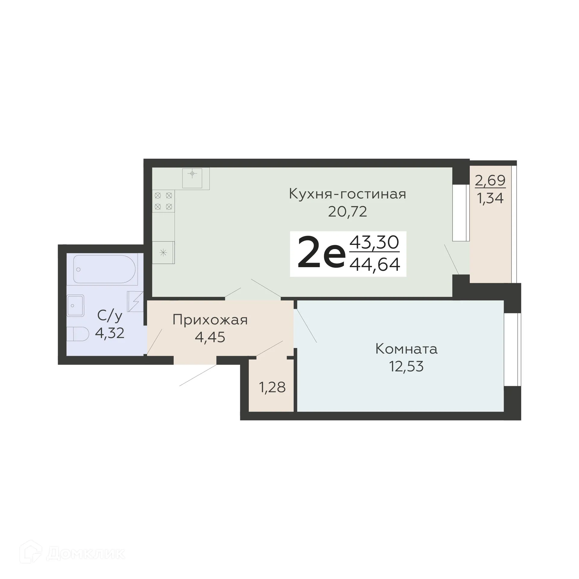 Планировка 2-комнатной квартиры 44.64 м² в ЖК "Никитинские сады", г. Воронеж — фото 1