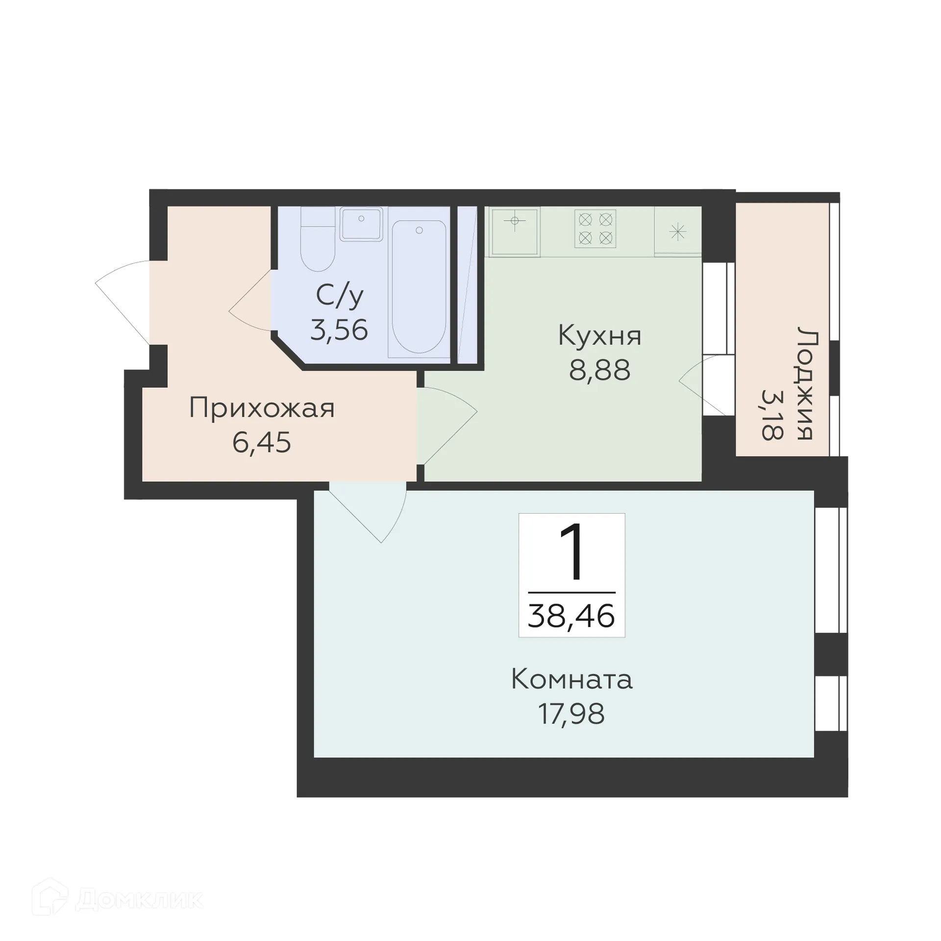 Планировка 1-комнатной квартиры 38.46 м² в ЖК "Квартал-45", г. Воронеж — фото 1