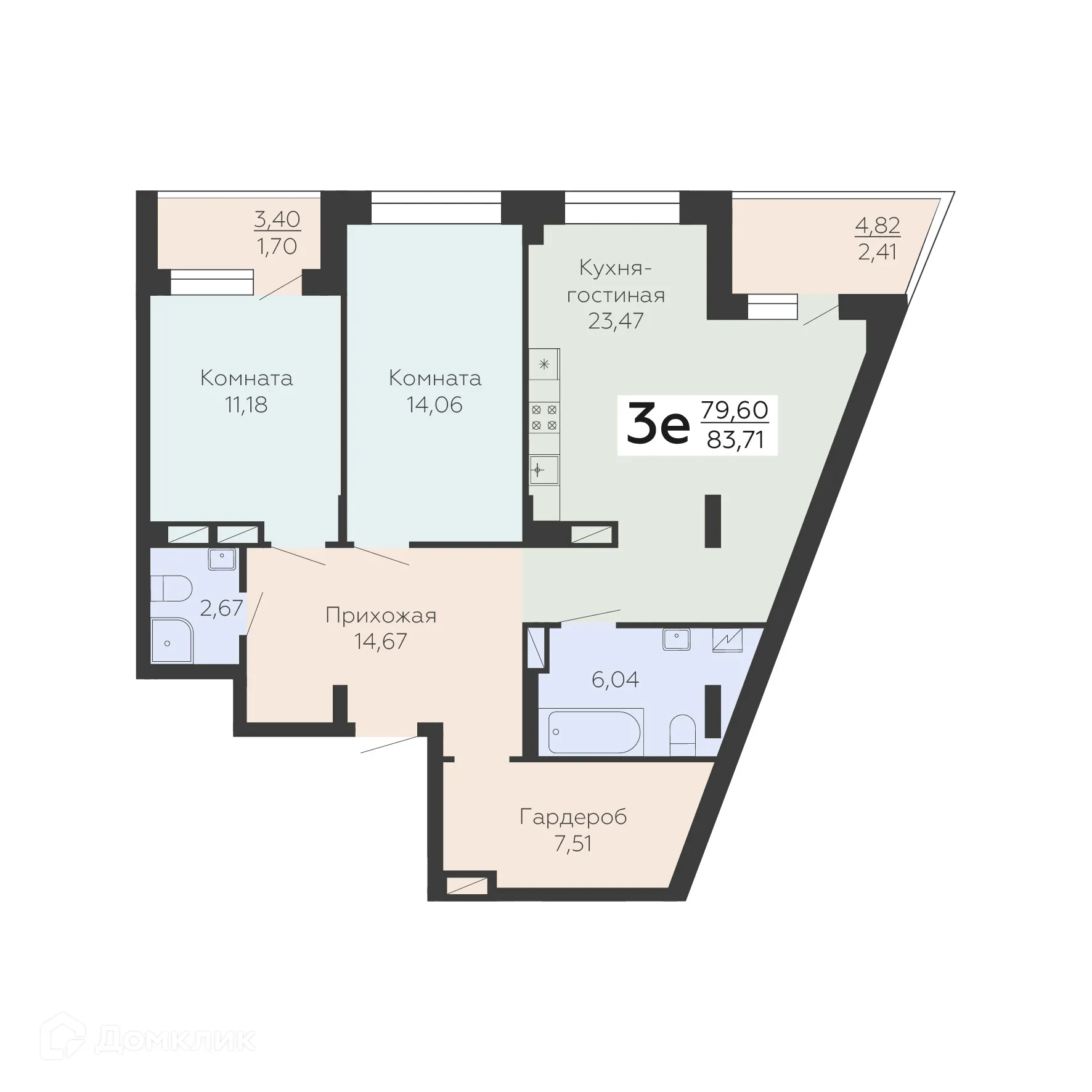 Планировка 3-комнатной квартиры 83.71 м² в ЖК Зарядье, г. Воронеж — фото 1