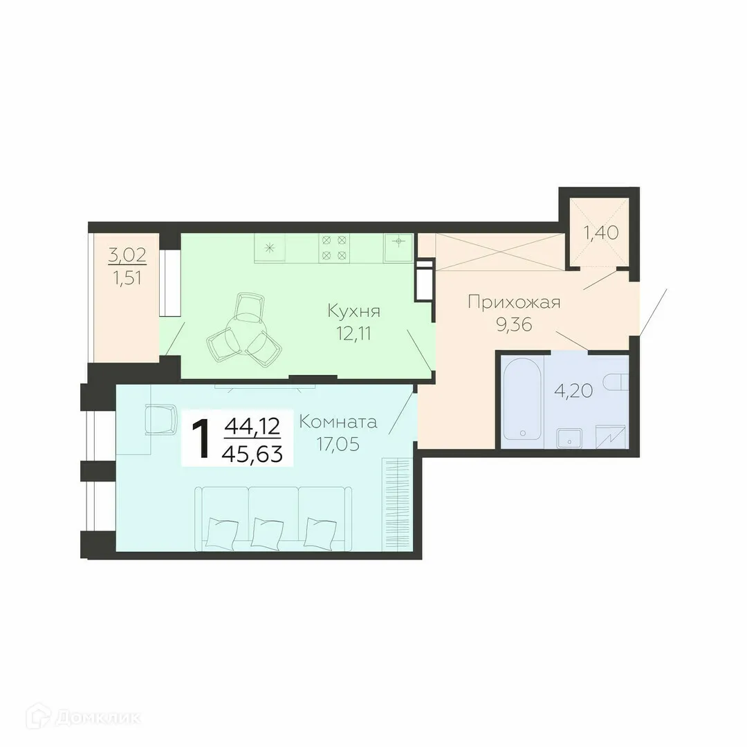 Планировка 1-комнатной квартиры 45.63 м² в ЖК "Галактика 2", г. Воронеж — фото 1