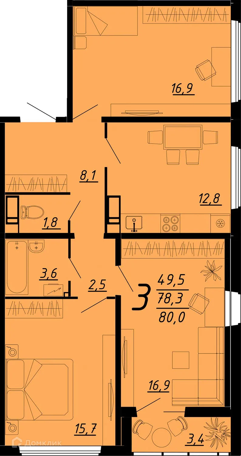 Планировка 3-комнатной квартиры 80 м² в ЖК Яблоневые сады, г. Воронеж — фото 2