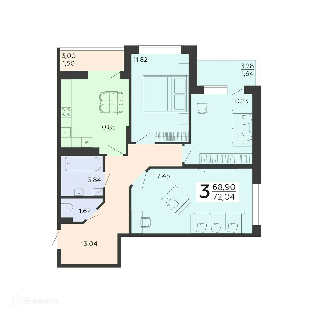 Планировка 3-комнатной квартиры 72.04 м² в ЖК "Галактика 3", г. Воронеж — фото 1
