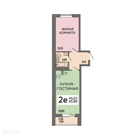 Планировка 1-комнатной квартиры 45.88 м² в ЖК "Авиатор 2", г. Воронеж — фото 1
