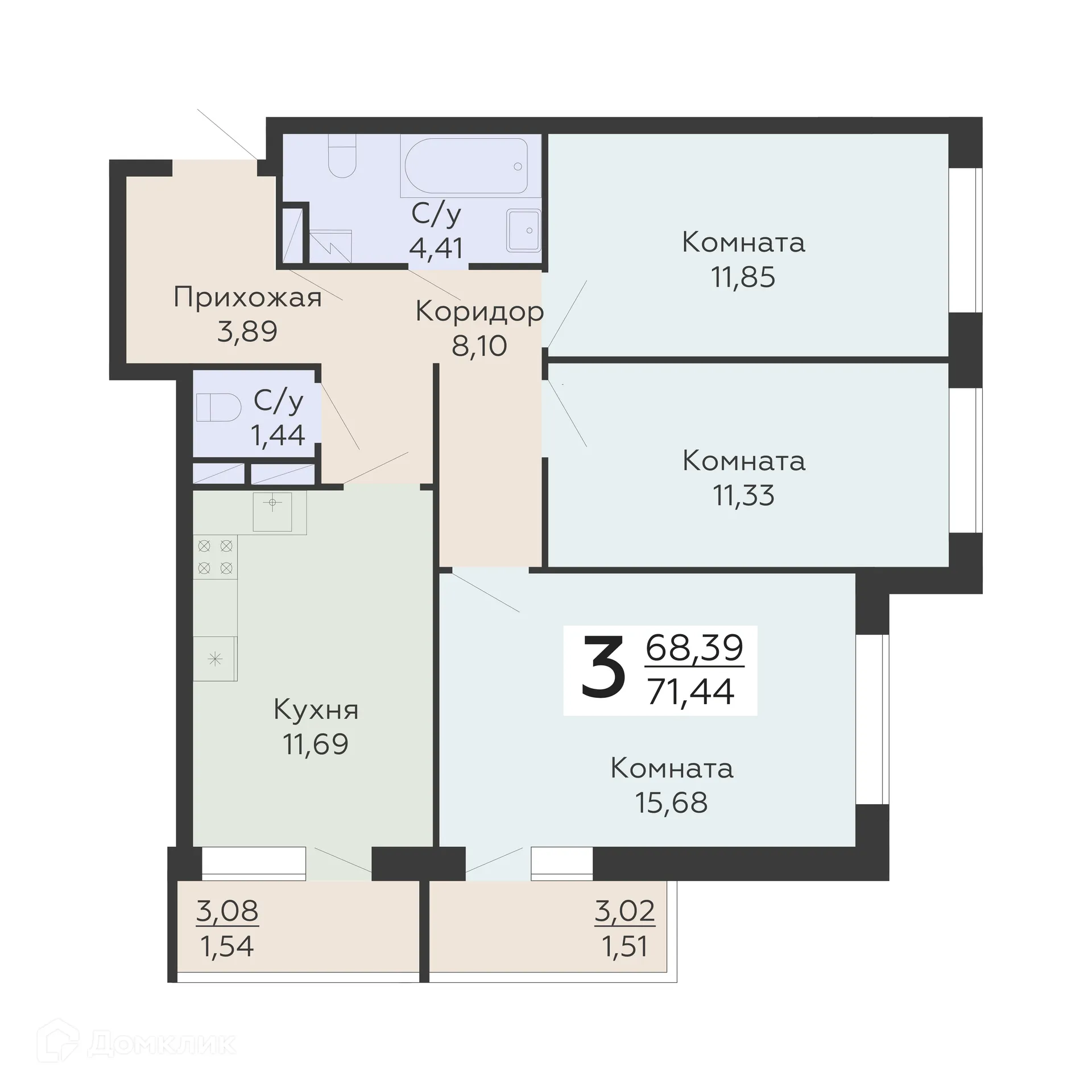 Планировка 3-комнатной квартиры 71.44 м² в ЖК "Никитинские сады", г. Воронеж — фото 1