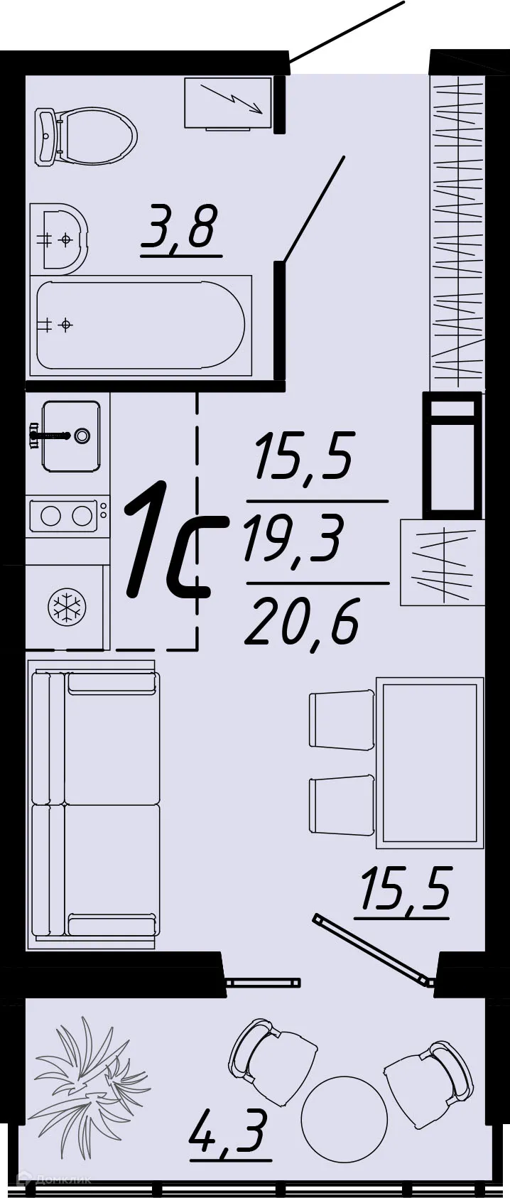Планировка 1-комнатной квартиры 20.6 м² в ЖК Городские истории, г. Воронеж — фото 1
