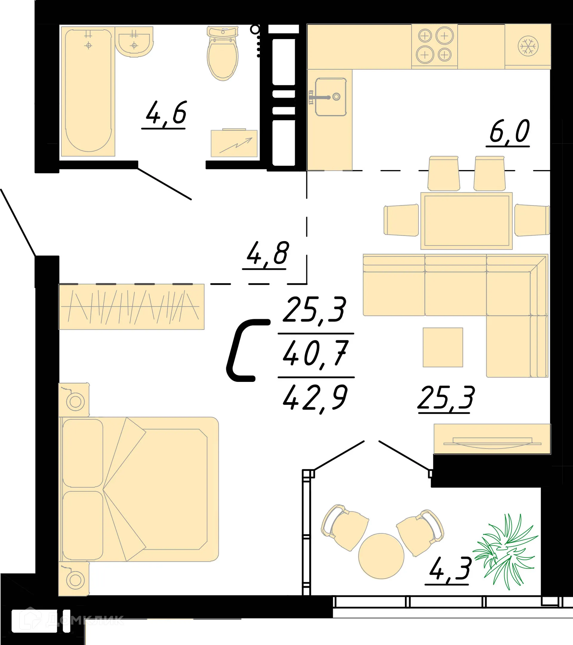 Планировка 1-комнатной квартиры 42.9 м² в ЖК "Европейский", г. Воронеж — фото 2