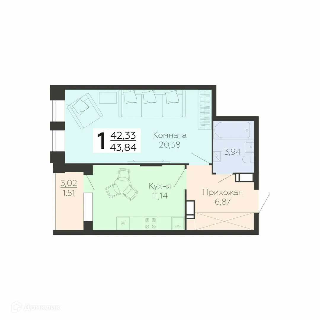 Планировка 1-комнатной квартиры 43.84 м² в ЖК "Галактика 2", г. Воронеж — фото 1