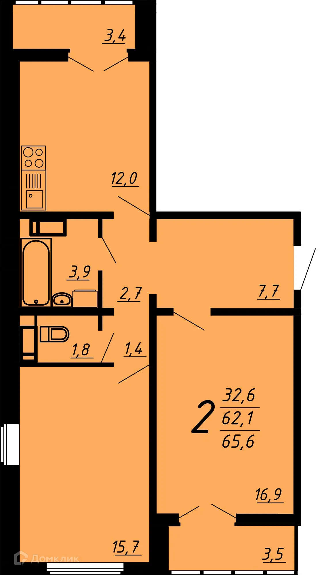 Планировка 2-комнатной квартиры 64.6 м² в ЖК Яблоневые сады, г. Воронеж — фото 1
