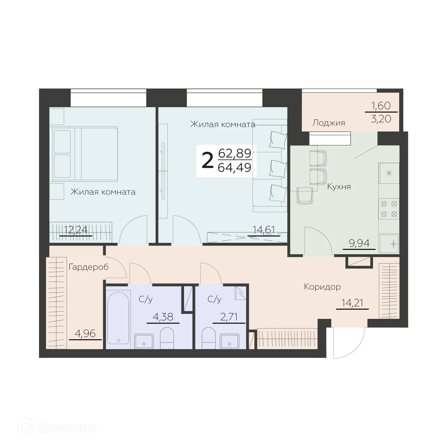 Планировка 2-комнатной квартиры 64.49 м² в ЖК Заря, г. Воронеж — фото 1