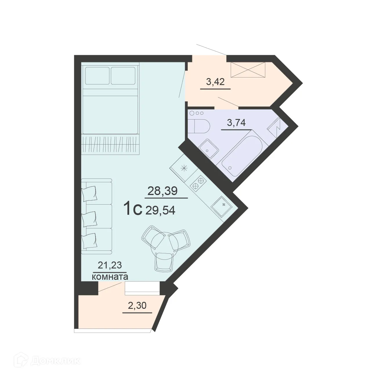 Планировка 1-комнатной квартиры 29.54 м² в ЖК ЖД Чехов, г. Воронеж — фото 1