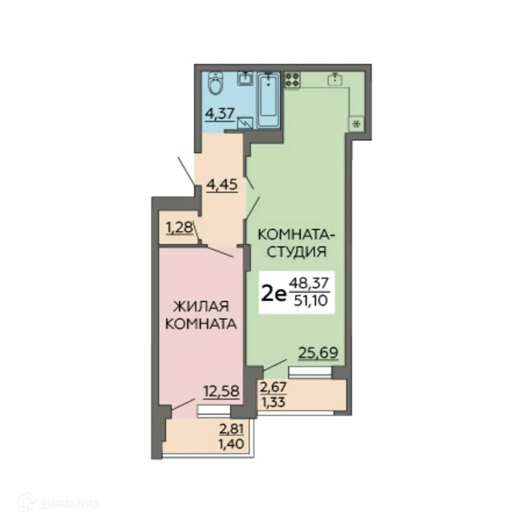 Планировка 2-комнатной квартиры 51.1 м² в ЖК "Молодежный", г. Воронеж — фото 1