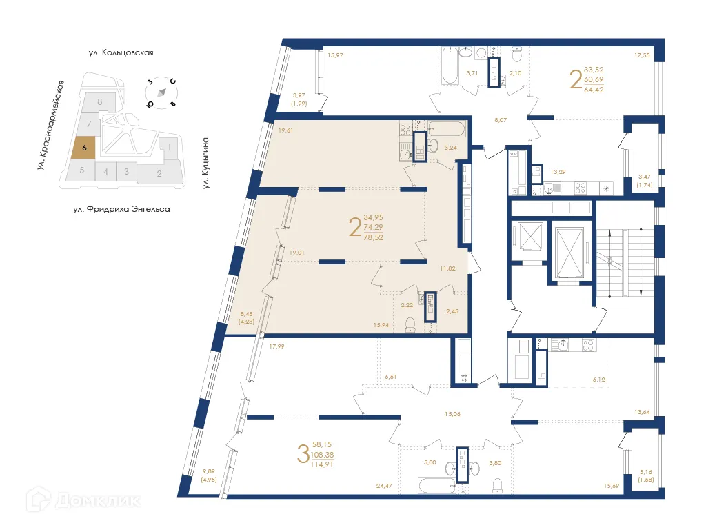 Планировка 2-комнатной квартиры 78.52 м² в ЖК Жилой дом по ул. Фридриха Энгельса, г. Воронеж — фото 6