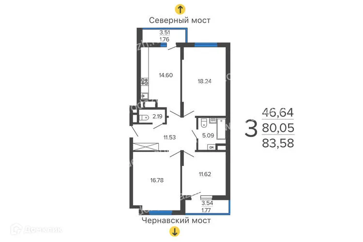Планировка 3-комнатной квартиры 83.58 м² в ЖК "Дом на набережной", г. Воронеж — фото 2