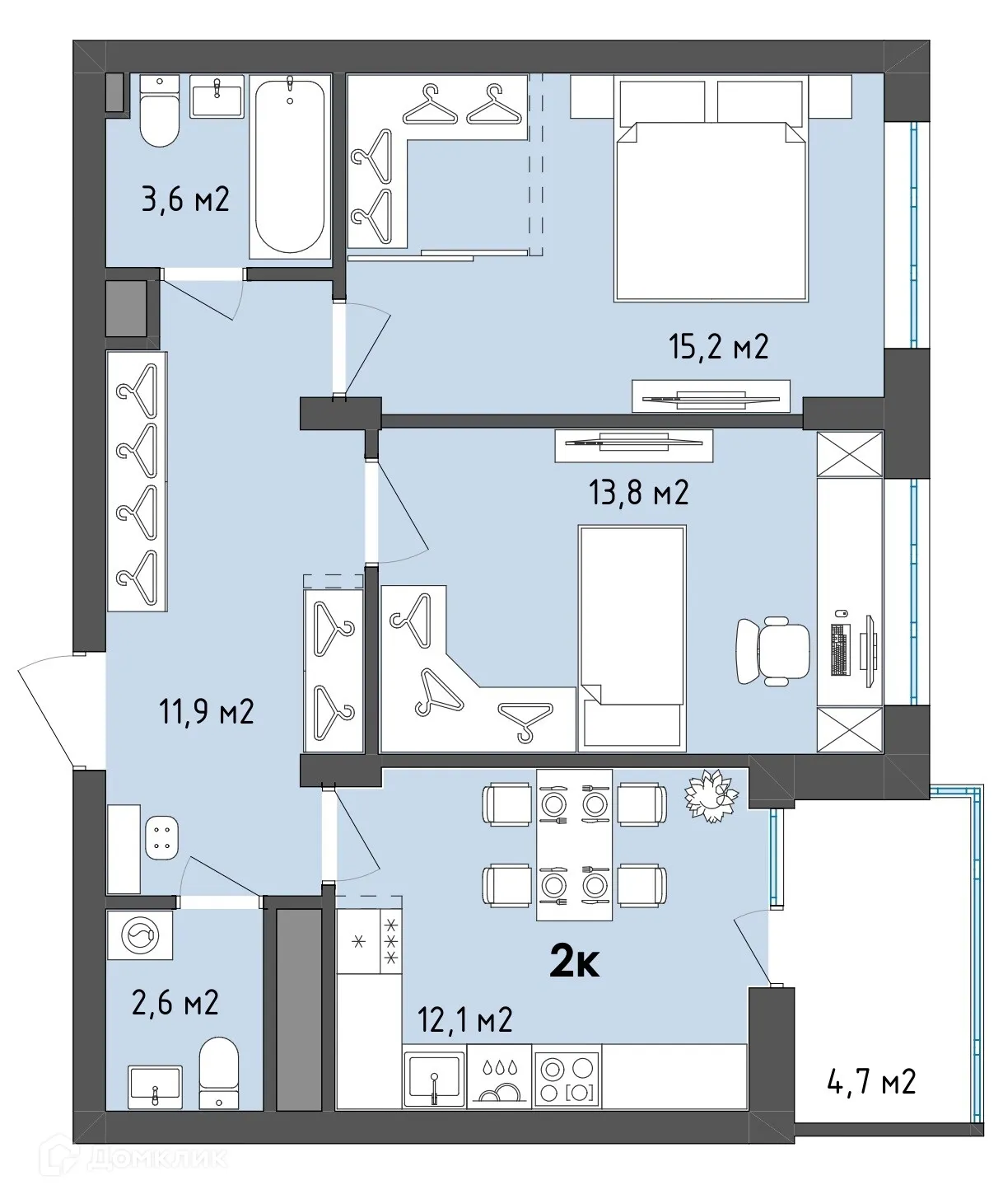 Планировка 2-комнатной квартиры 61.6 м² в ЖК Джаз, г. Воронеж — фото 1