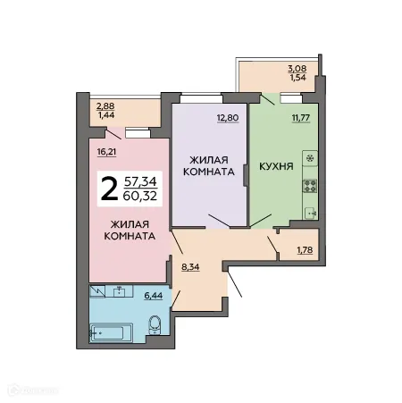 Планировка 2-комнатной квартиры 60.32 м² в ЖК "Авиатор 2", г. Воронеж — фото 1