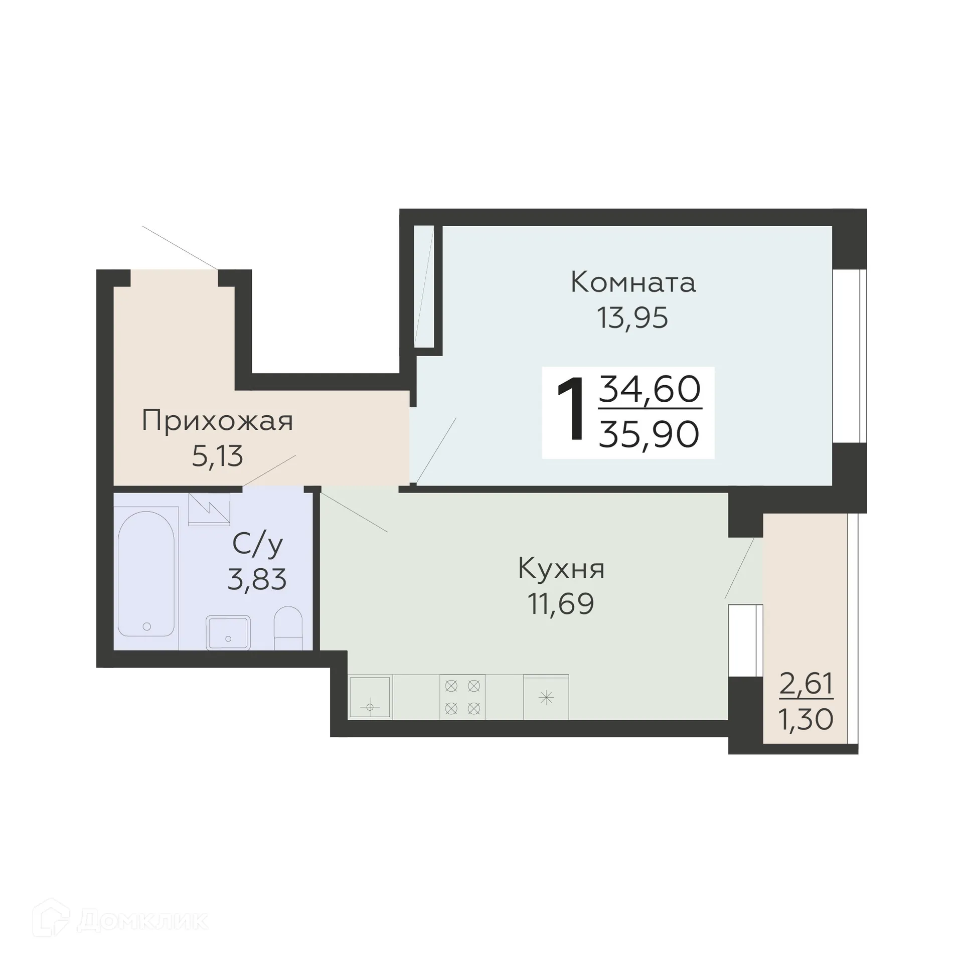 Планировка 1-комнатной квартиры 35.9 м² в ЖК "Никитинские сады", г. Воронеж — фото 1